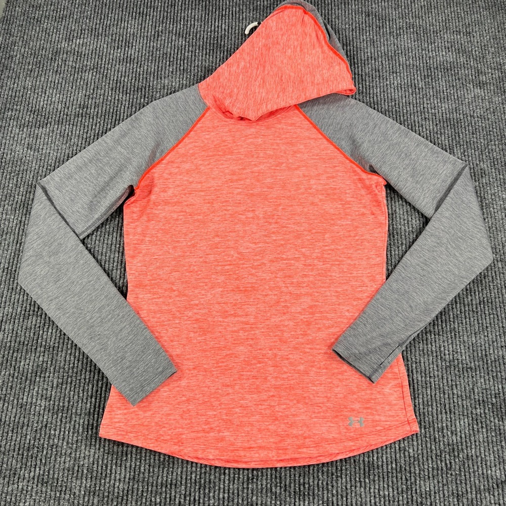 Under Armour Hooded Shirt Womens Small Coral Gray Long Sleeve Heatgear Fitted